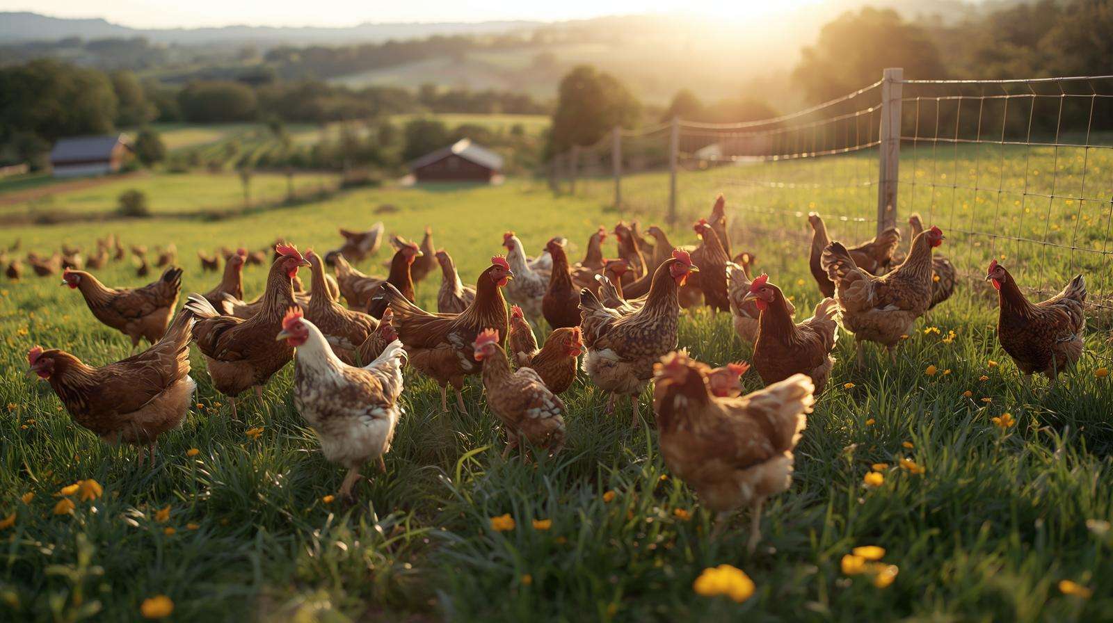 Healthy free-range chickens protected by electric poultry net
