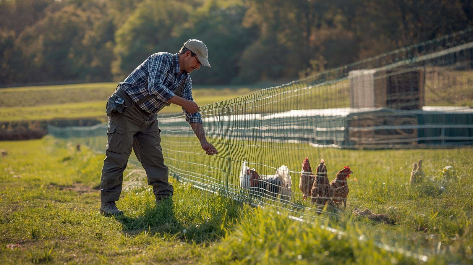  Farmer moving electric poultry net for rotational grazing system