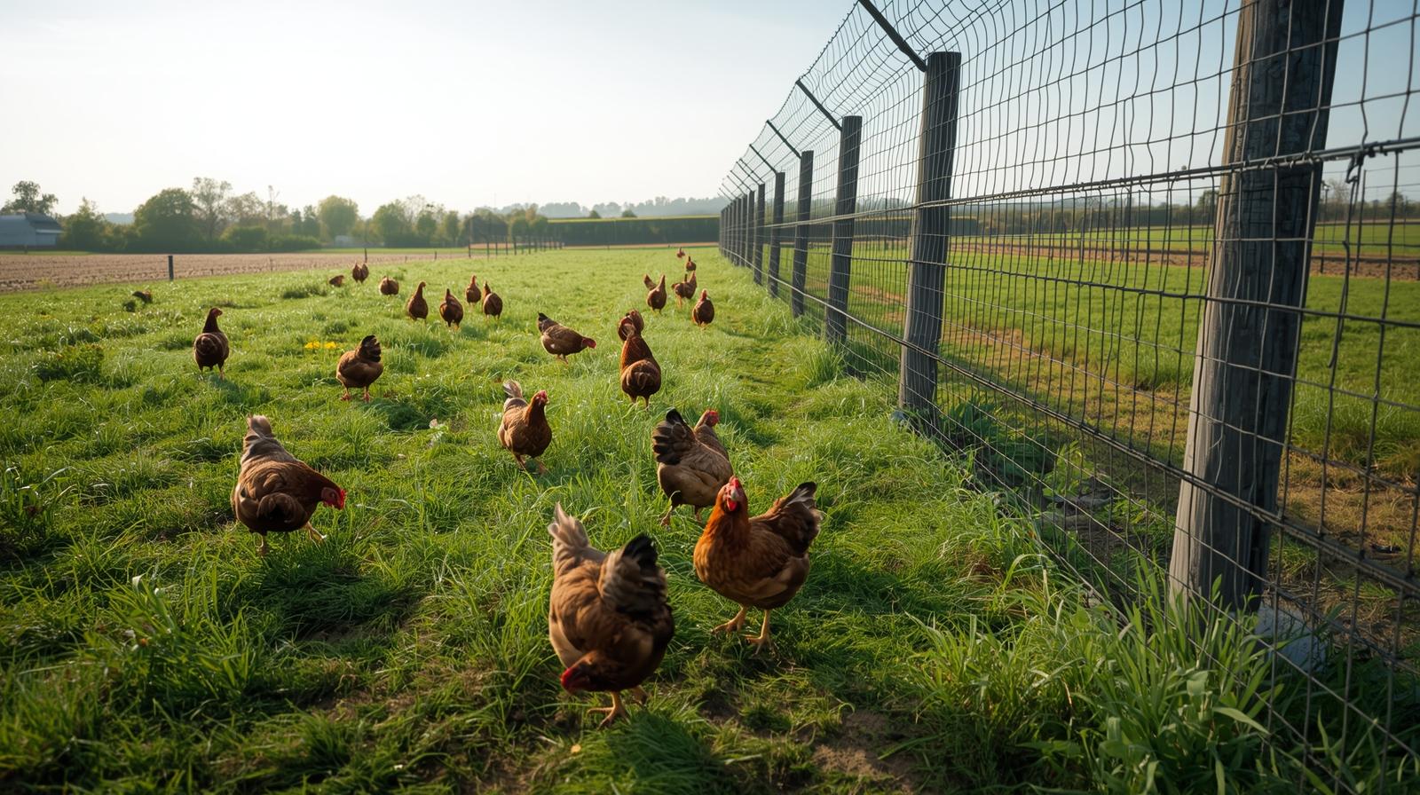  Electric poultry net installed around free-range chickens for predator protection