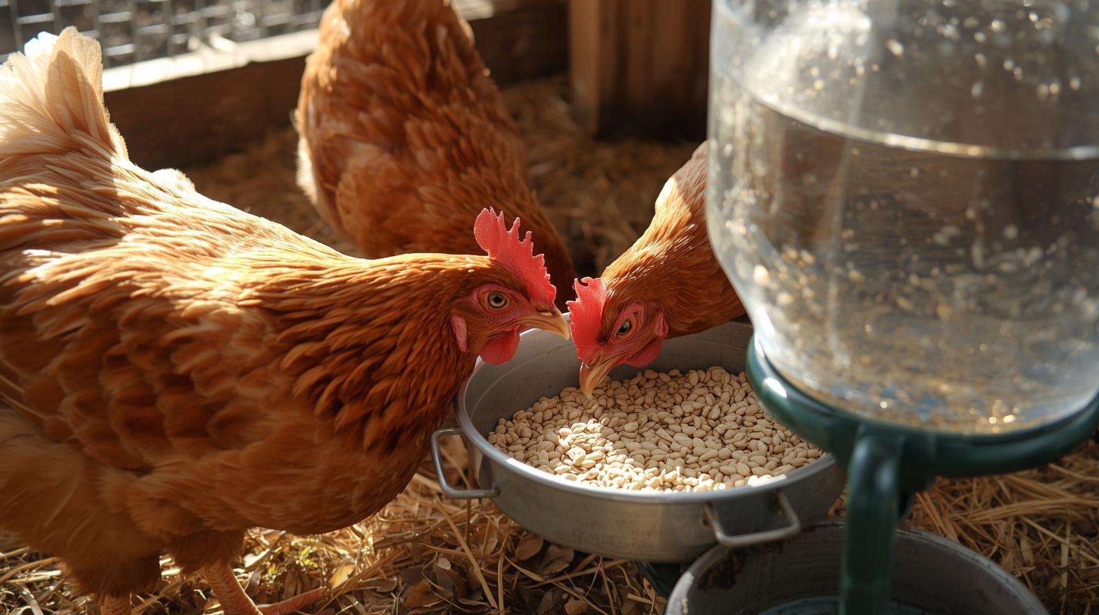  Backyard chickens feeding and drinking water in a beginner setup