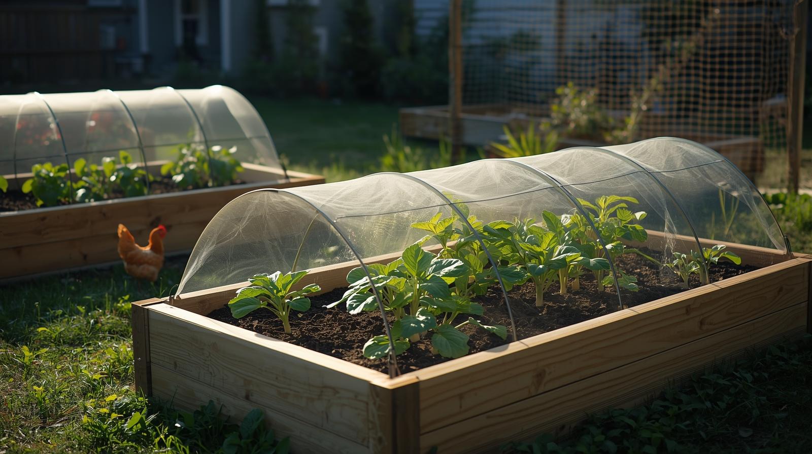 Raised garden beds protected from chickens with mesh covers