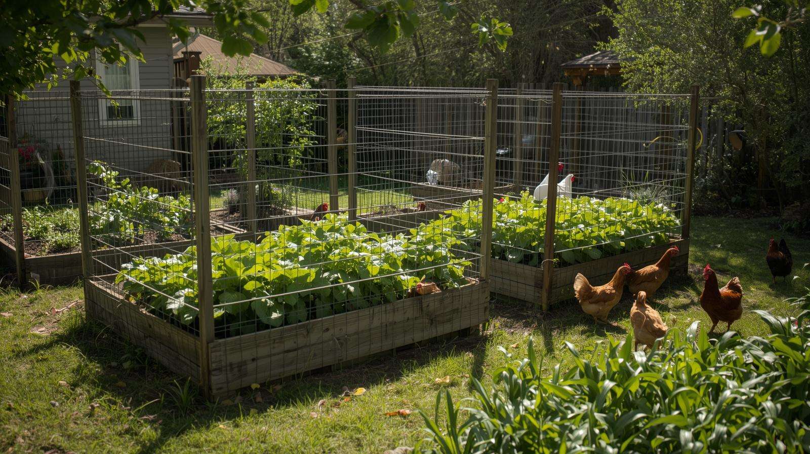 Chicken-proof garden fencing protecting raised beds from free-range chickens