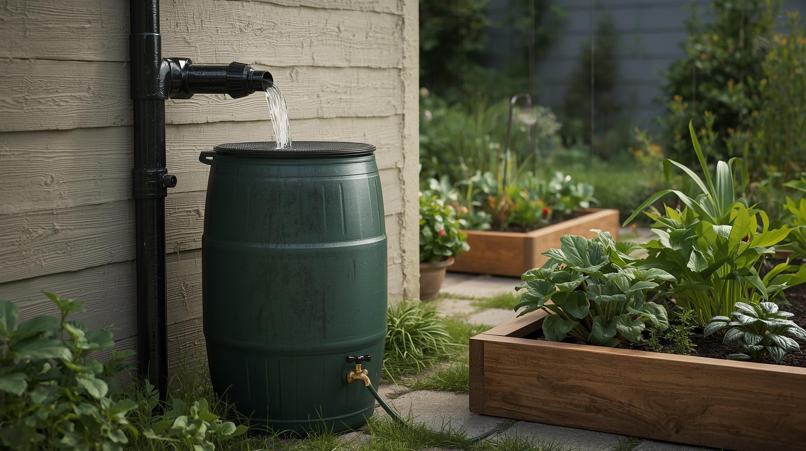  Rain barrels for veggie gardens collecting rainwater from a roof gutter system