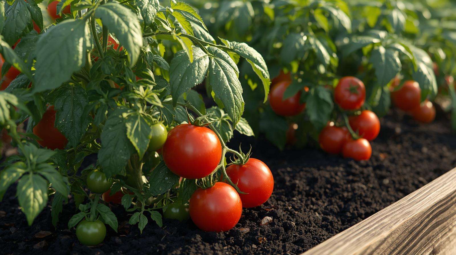 Healthy tomato plants thriving with Alaskan fish fertilizer showing glossy leaves and heavy fruit set