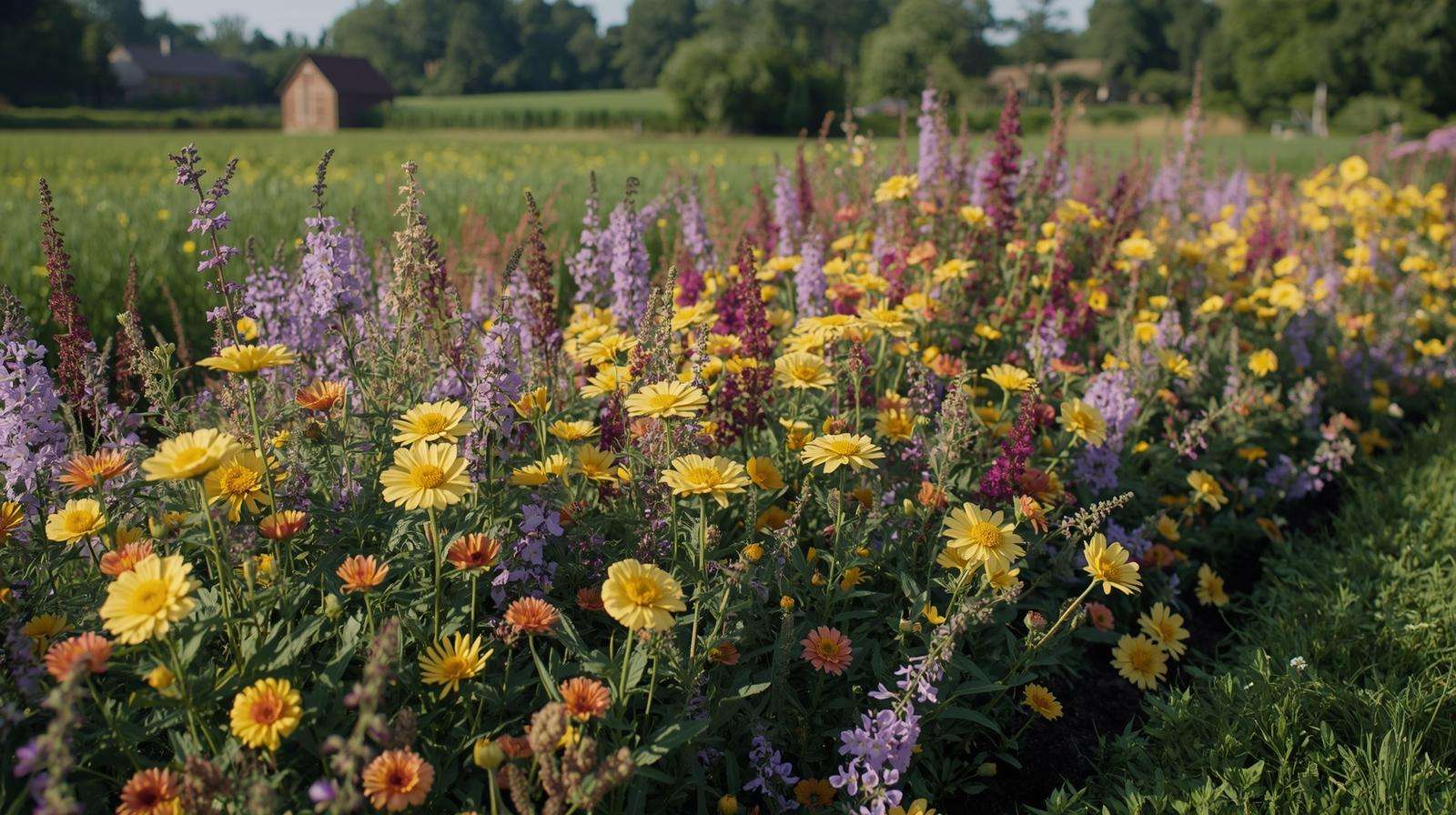 Mixed long-blooming perennial border in full summer color farm garden