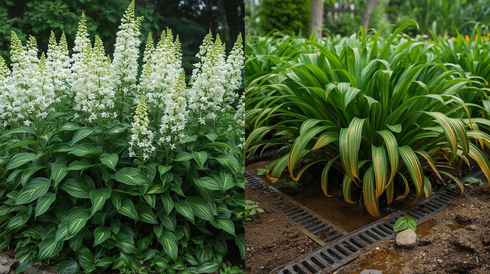 Common mistakes in growing perennial plants with white flowers, showing overwatering effects.