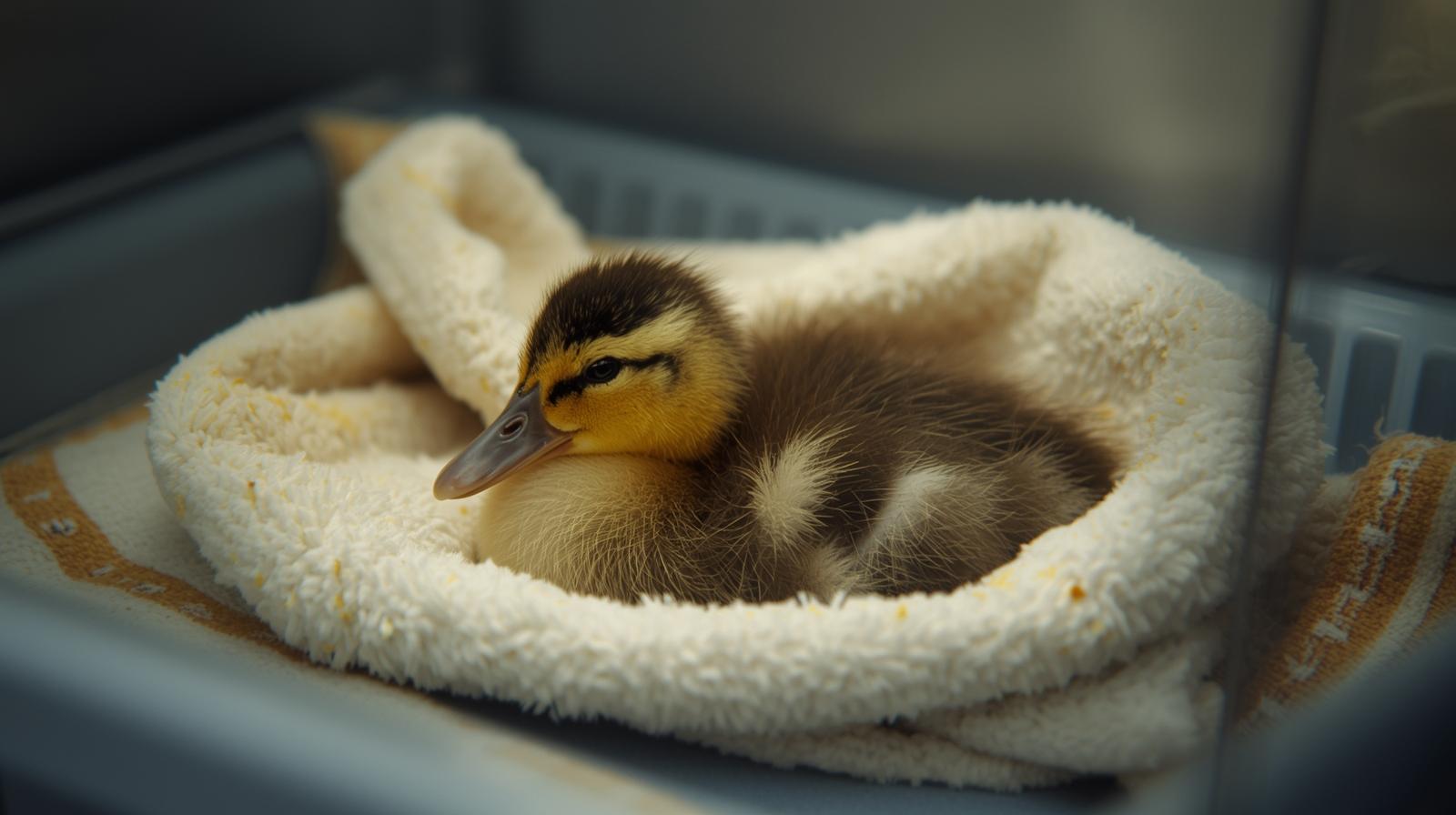  Emergency warming setup for a wet duckling recovering from water exposure