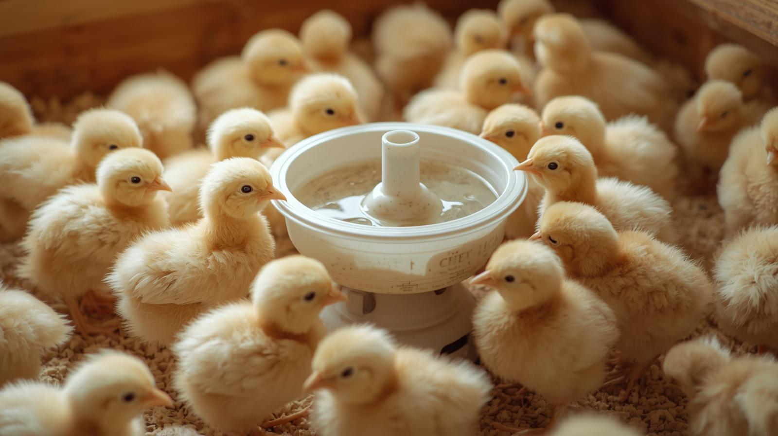  Baby chicks using a raised spill-proof waterer in a safe brooder setup