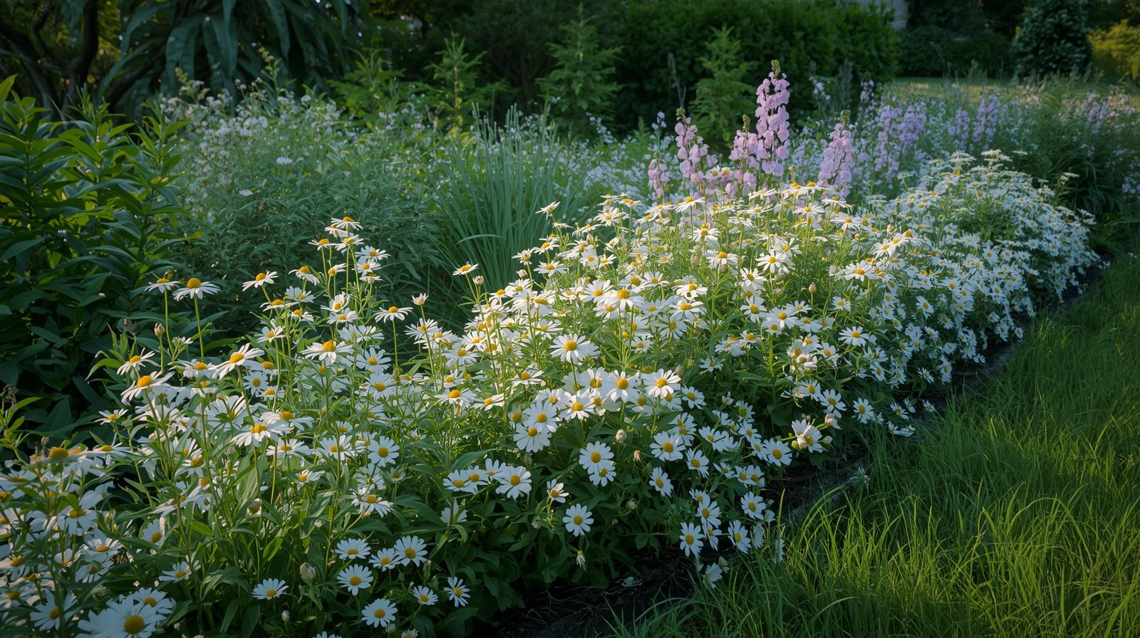 Serene garden border featuring perennial plants with white flowers for timeless elegance.