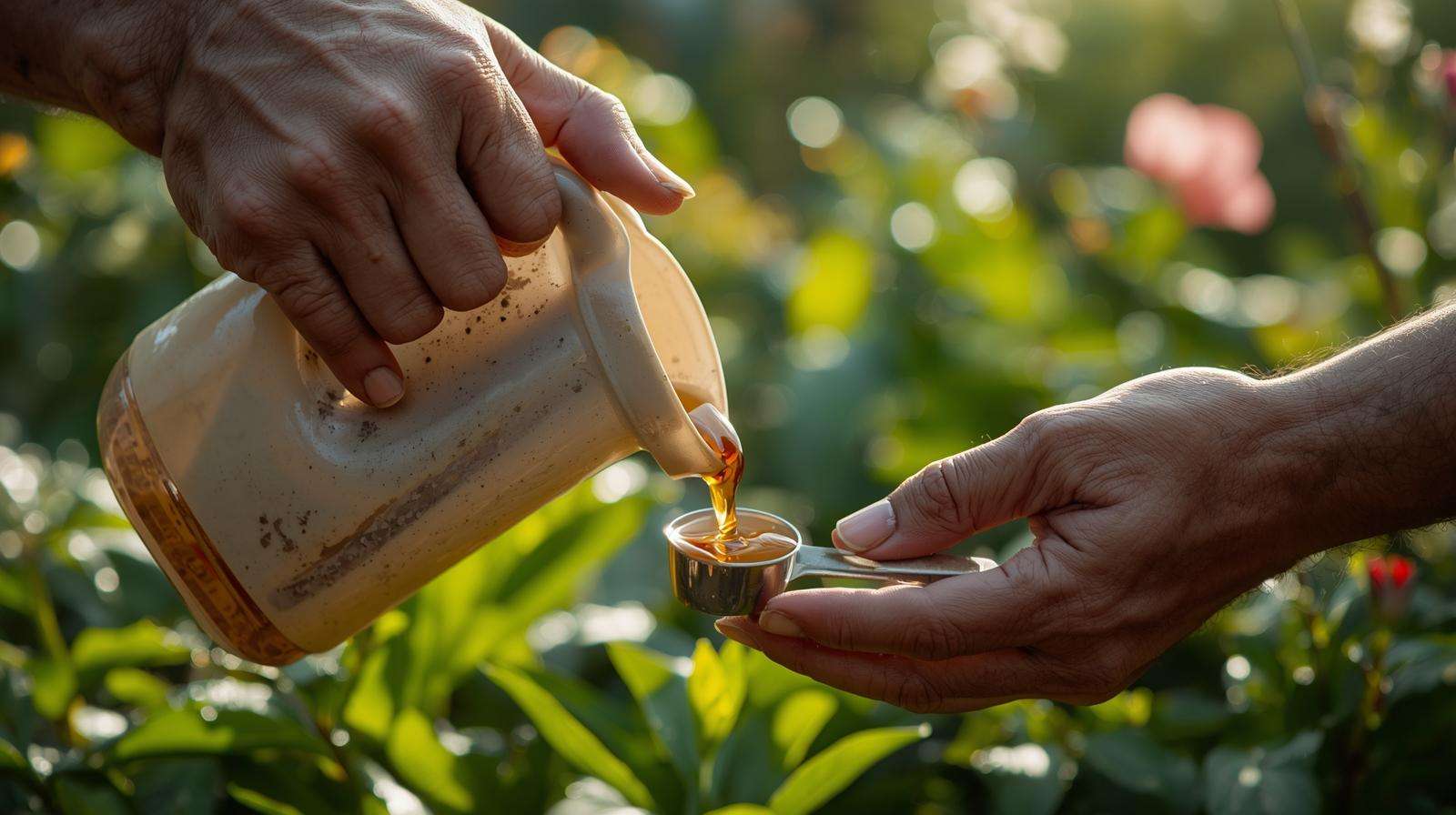 Pouring Alaskan fish fertilizer into measuring spoon for correct dilution ratio
