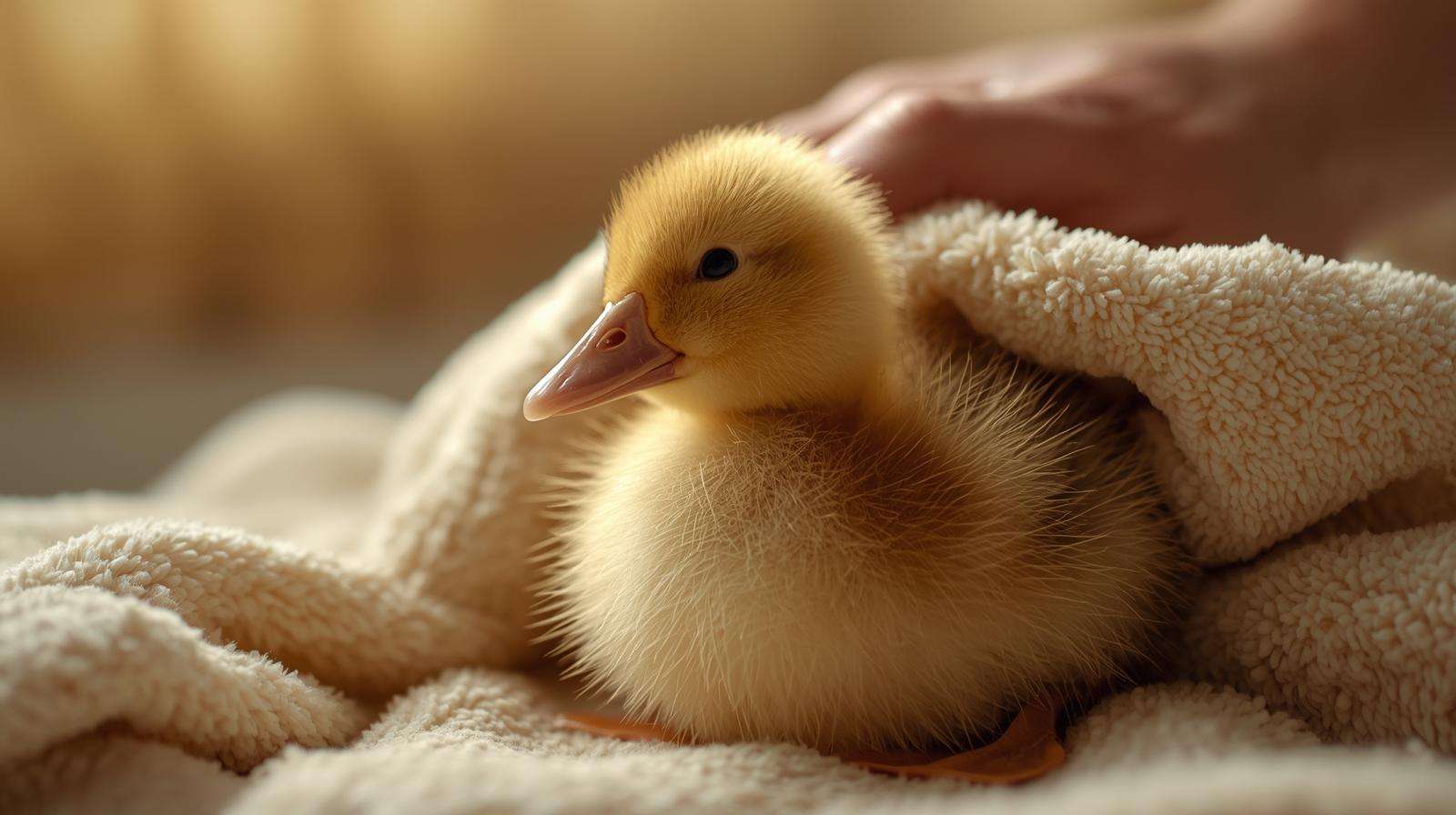 Duckling being towel dried after safe supervised water exposure