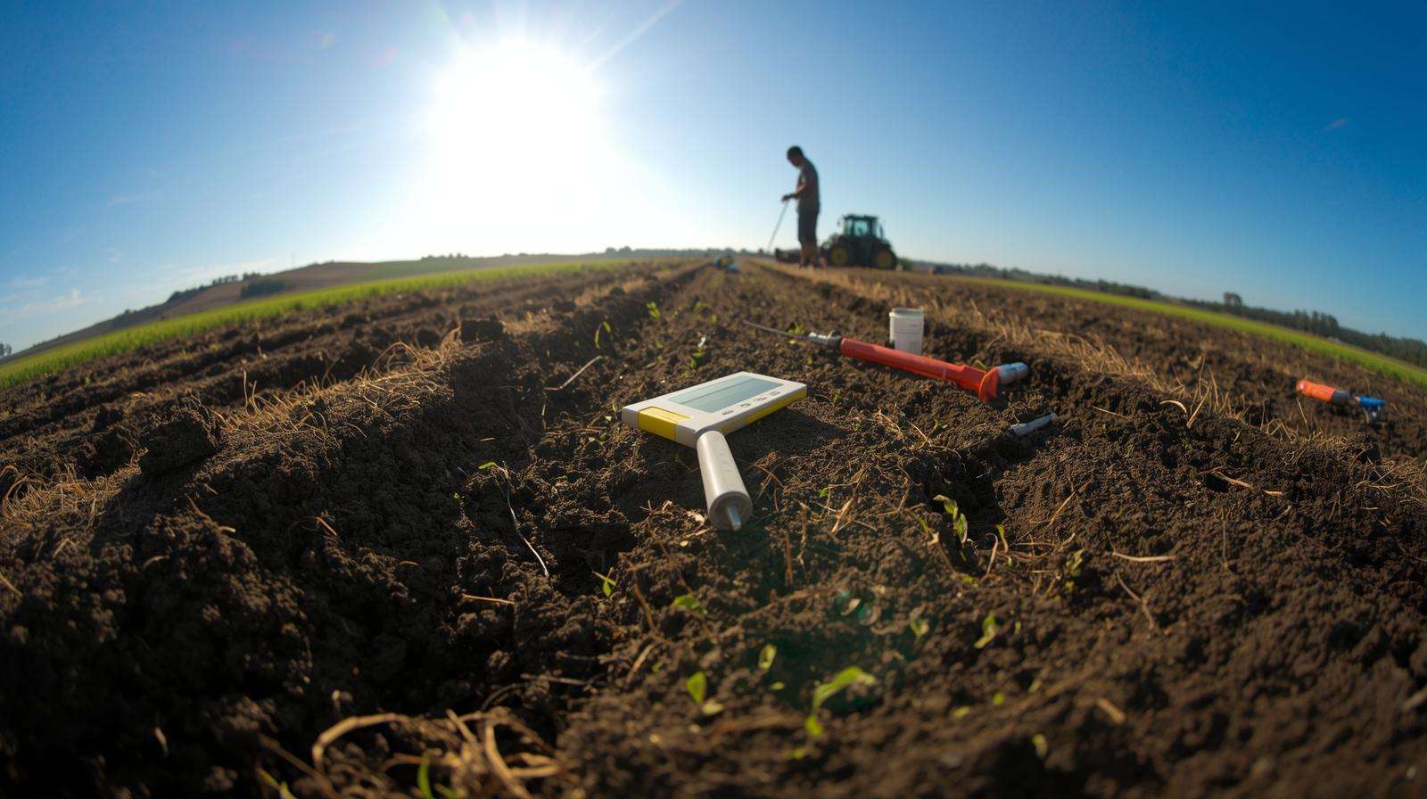Farmer performing soil assessment and enhancement in extreme heat for crop protection in Dead Summer Zone.