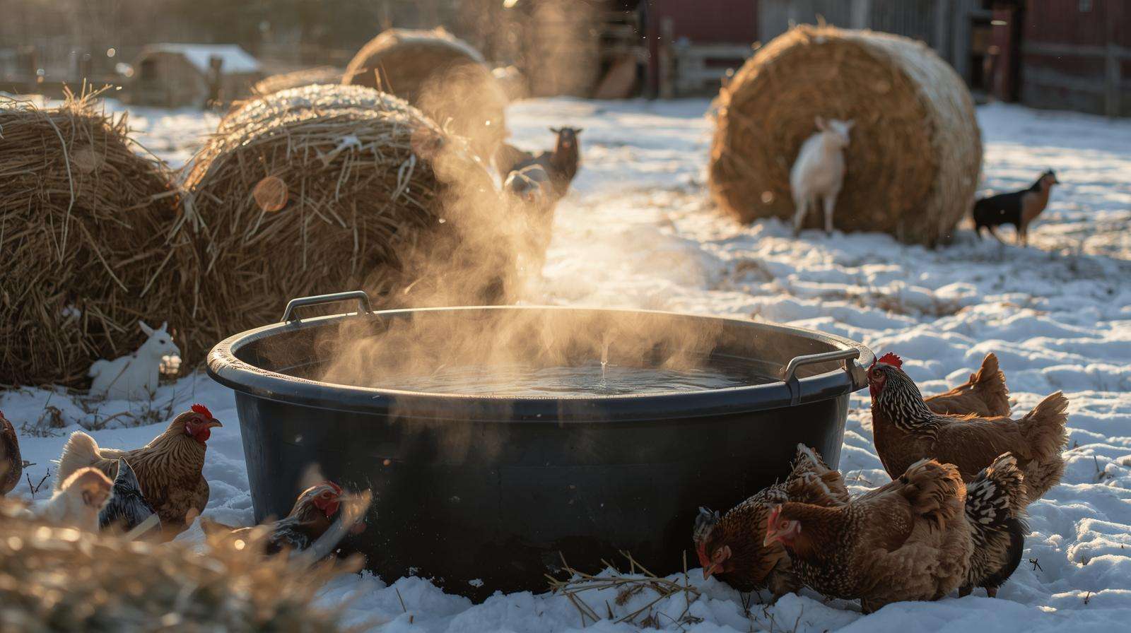Black rubber tub staying unfrozen in winter snow — no-electricity winter water hacks with solar heat absorption for livestock.