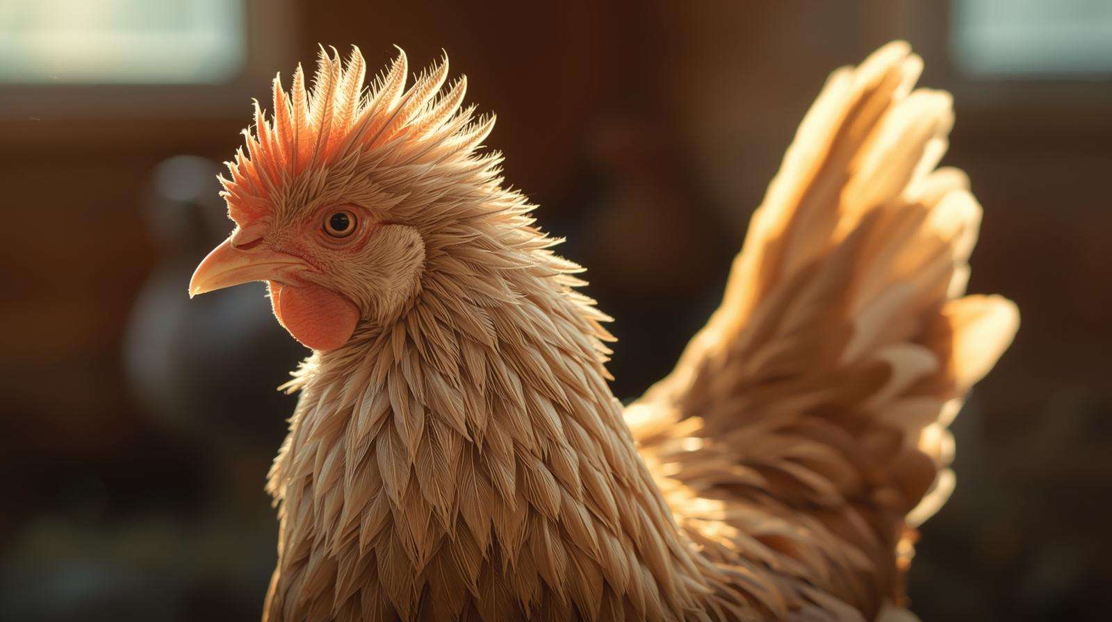 Hen in natural molting phase with symmetrical feather loss and emerging pin feathers — feather loss vs molting in a healthy backyard chicken.