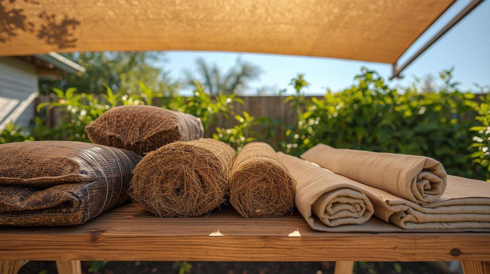 Materials for heat-resilient beds including wood frames, soil mixes, mulch, and shade options for crop protection.