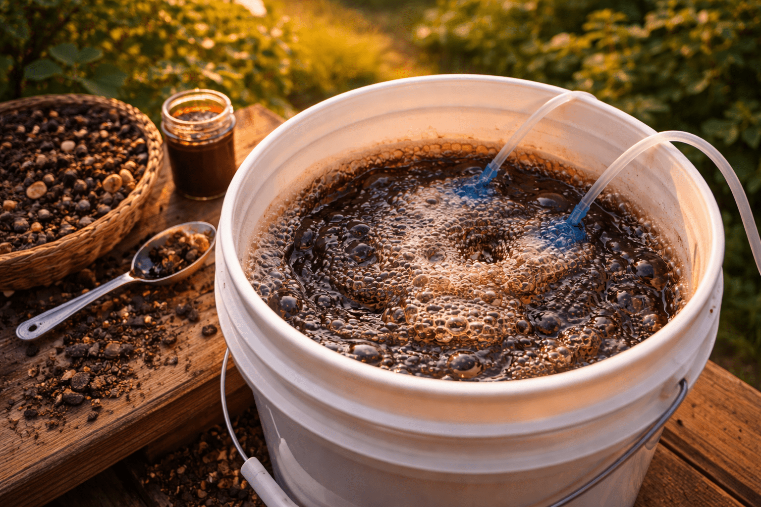 Active brewing of aerated compost tea in a simple bucket — using compost tea in the garden with proper aeration and ingredients for healthy microbial extract.