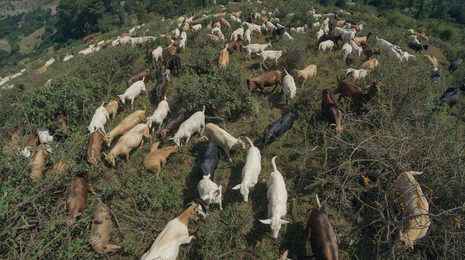 Herd of goats naturally clearing dense invasive brush on hilly land for eco-friendly land reclamation
