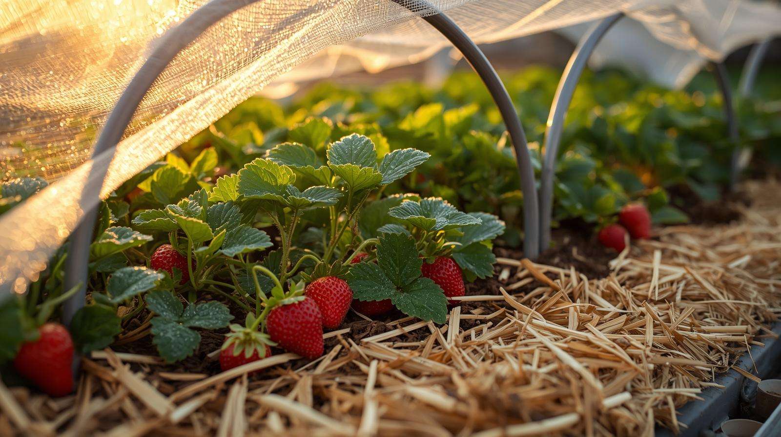 Strawberry plants protected by bird netting and clean straw mulch — protecting strawberries from slugs and birds with simple hoop system for clean high-yield harvest.