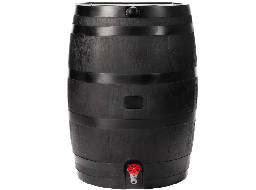 RTS Home Accents 50-Gallon ECO Rain Barrel Made with 100% Recycled Plastic, Flat Back Rain Water Collection Barrel, Black
