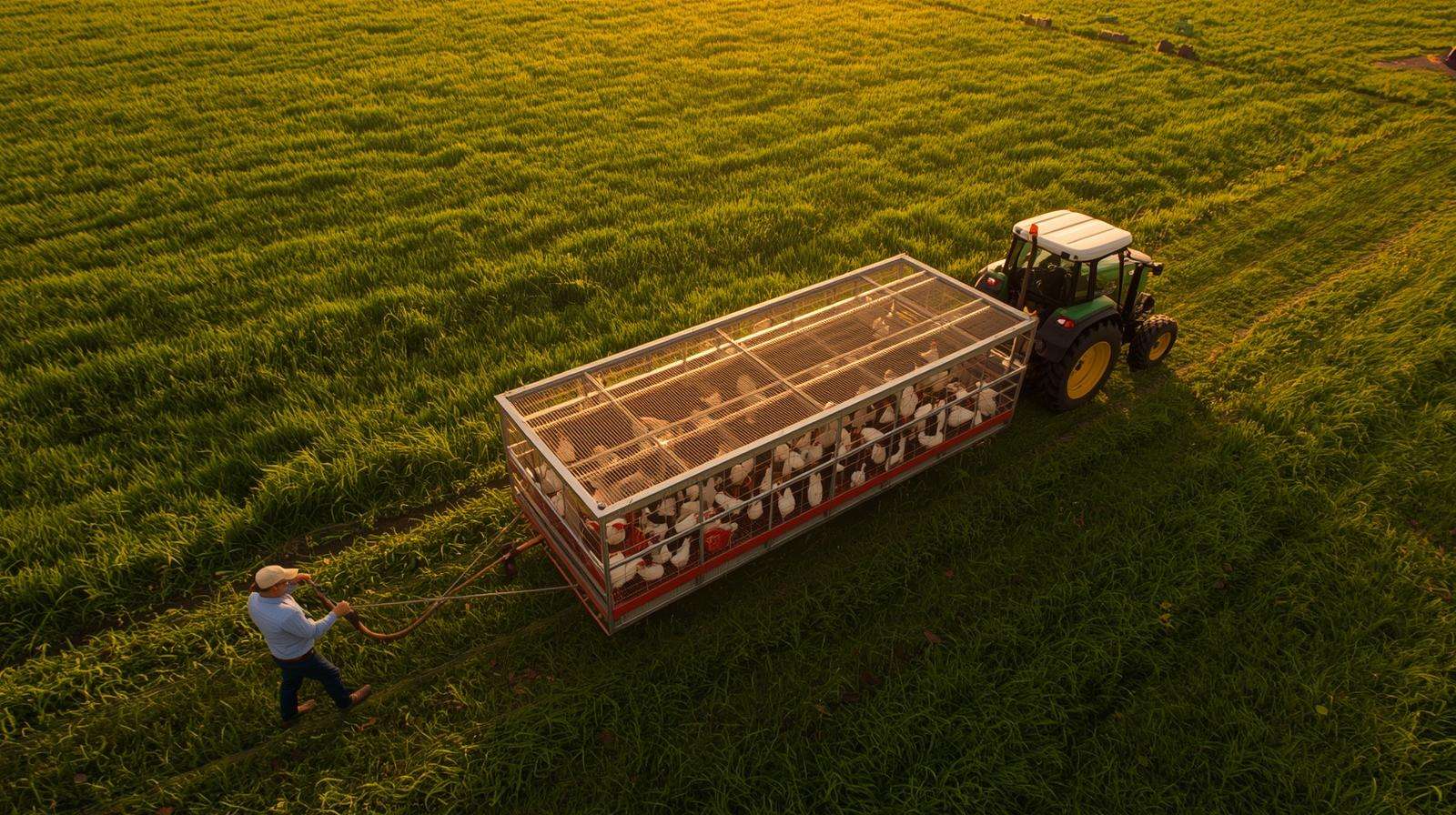 Mobile chicken tractor with Cornish Cross broilers on fresh pasture — Cornish Cross on pasture with daily moves for healthy growth and forage access.