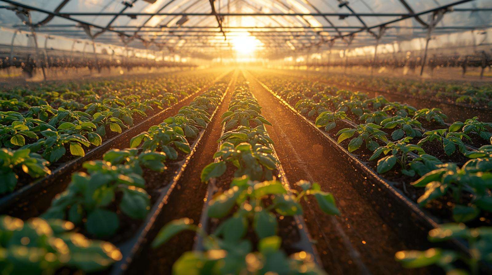 Healthy seedlings thriving in a new greenhouse with ideal light and humidity — using a new greenhouse wisely for successful indoor seed starting.