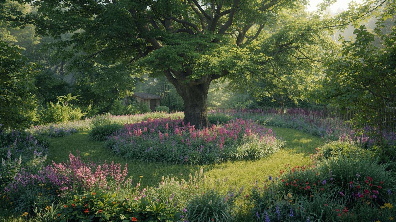 Vibrant native plant guilds in a sustainable garden ecosystem enhancing biodiversity and soil health.