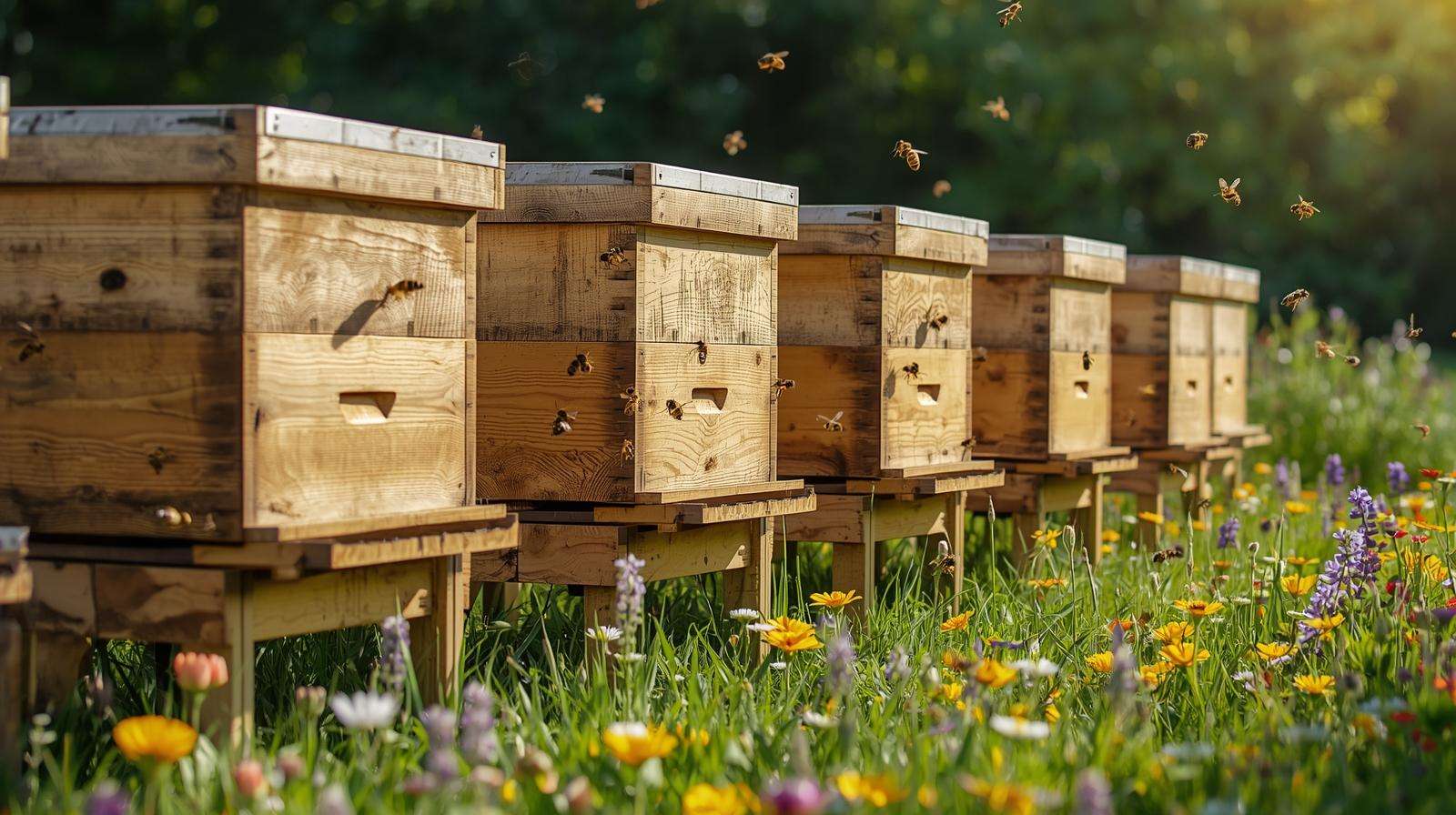 Wooden Langstroth beehive components including brood boxes and supers in a backyard apiary setup for beginners.
