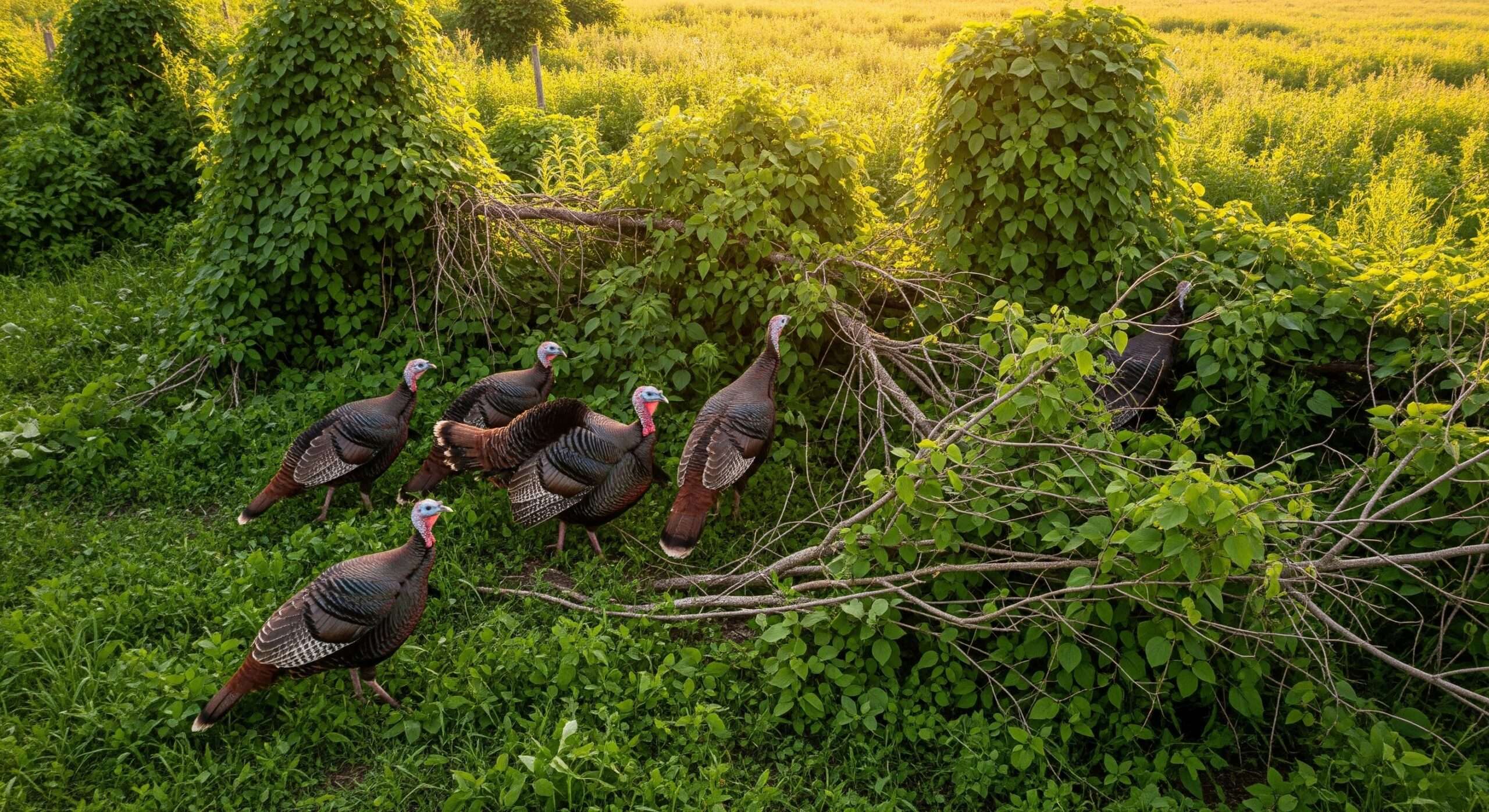 Heritage turkeys naturally foraging and clearing brush on homestead pasture — homestead turkey basics showcasing excellent foraging ability and hardiness of heritage breeds.