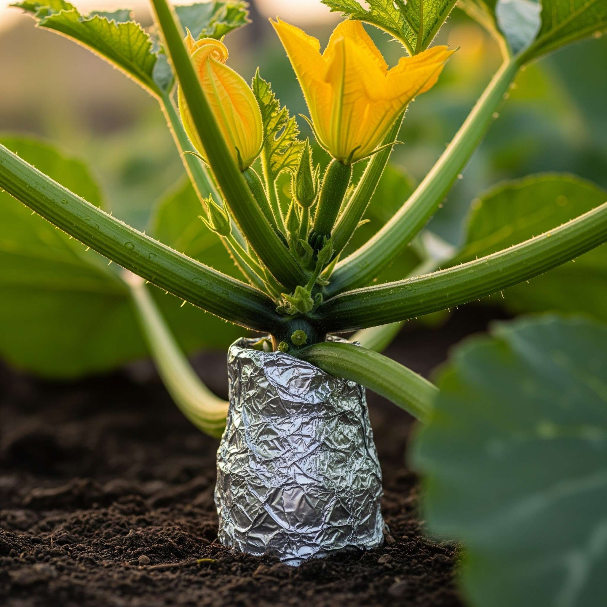 Stem collar applied to zucchini plant for squash vine borer protection — fighting squash vine borers with effective physical barrier at the vulnerable stem base.