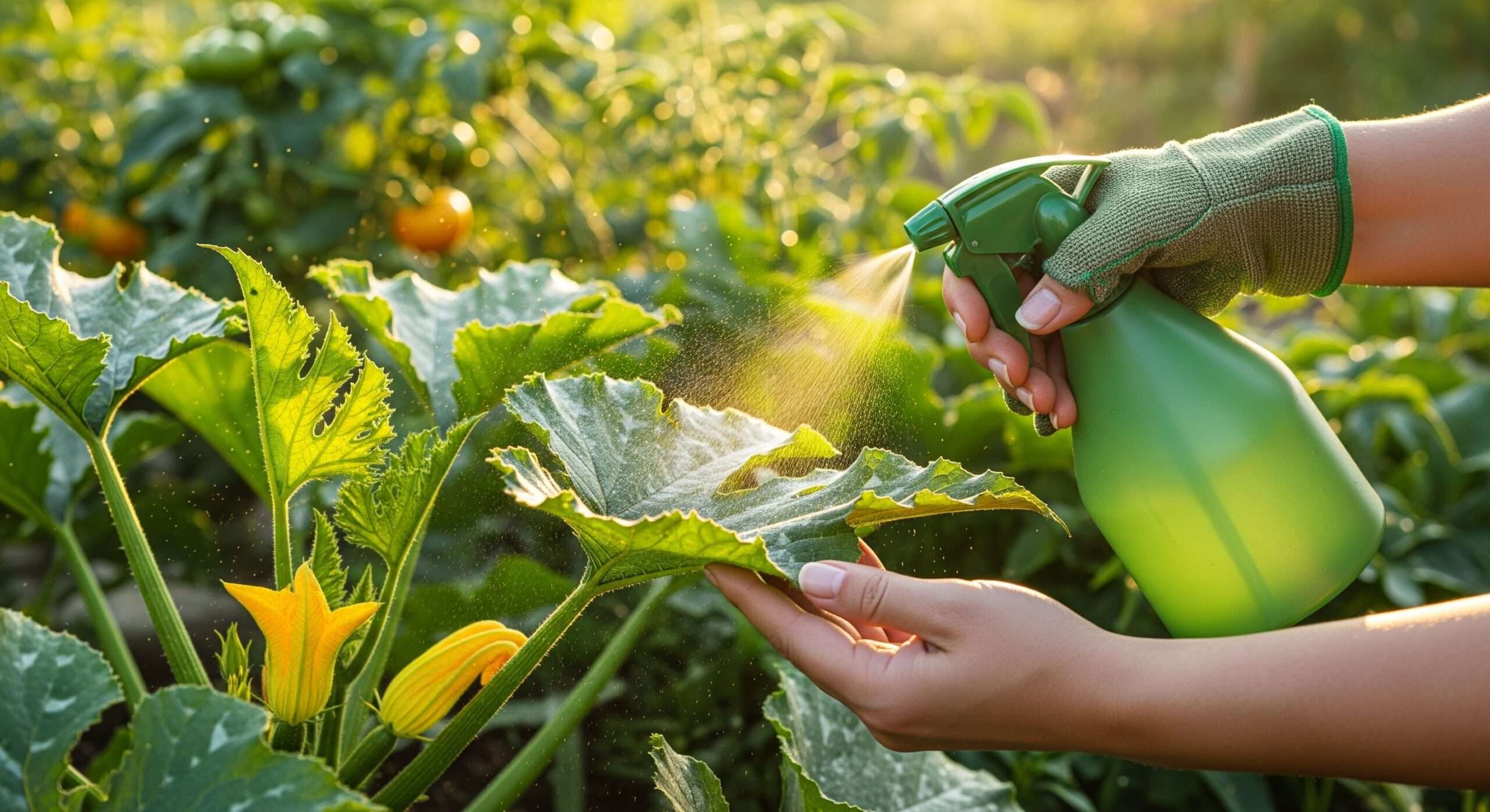 Gardener applying neem oil to protect zucchini from pests — when squash pests make you quit showcasing effective organic defense strategies.