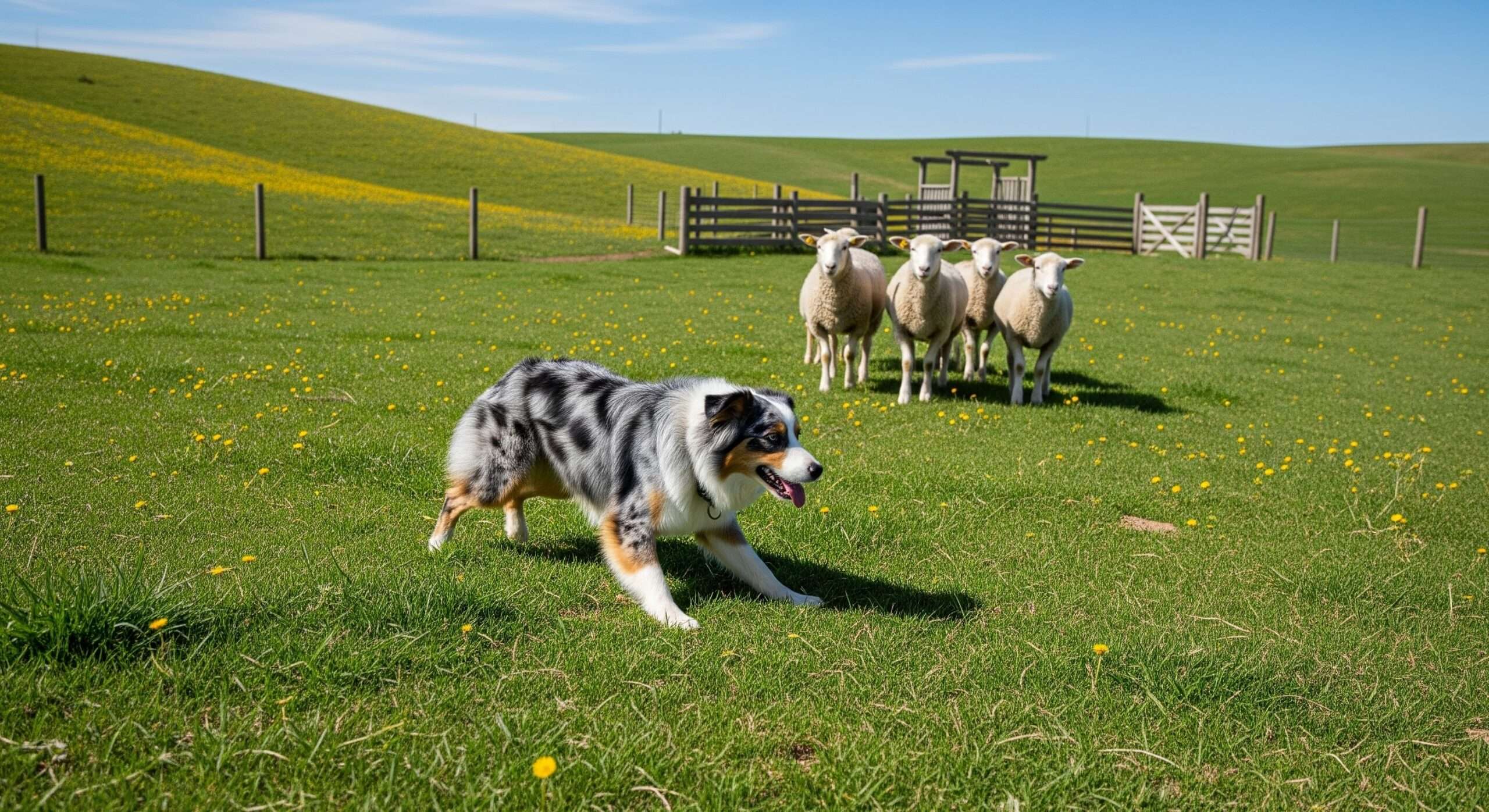 Australian Shepherd herding sheep on a homestead farm – example of active livestock management with herding breeds