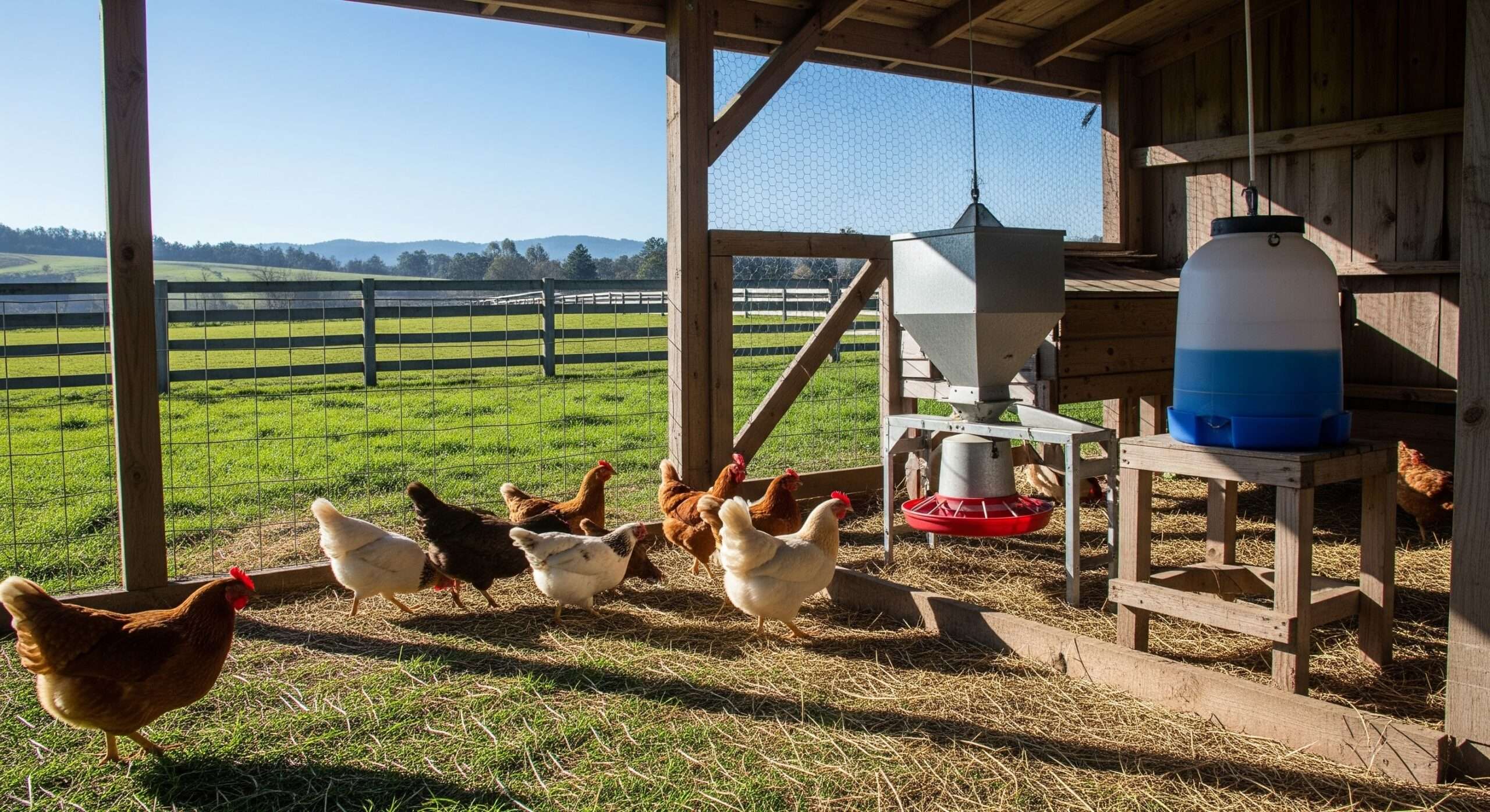 Chickens left alone in secure farm coop with auto-feeder – safe durations for poultry on homestead