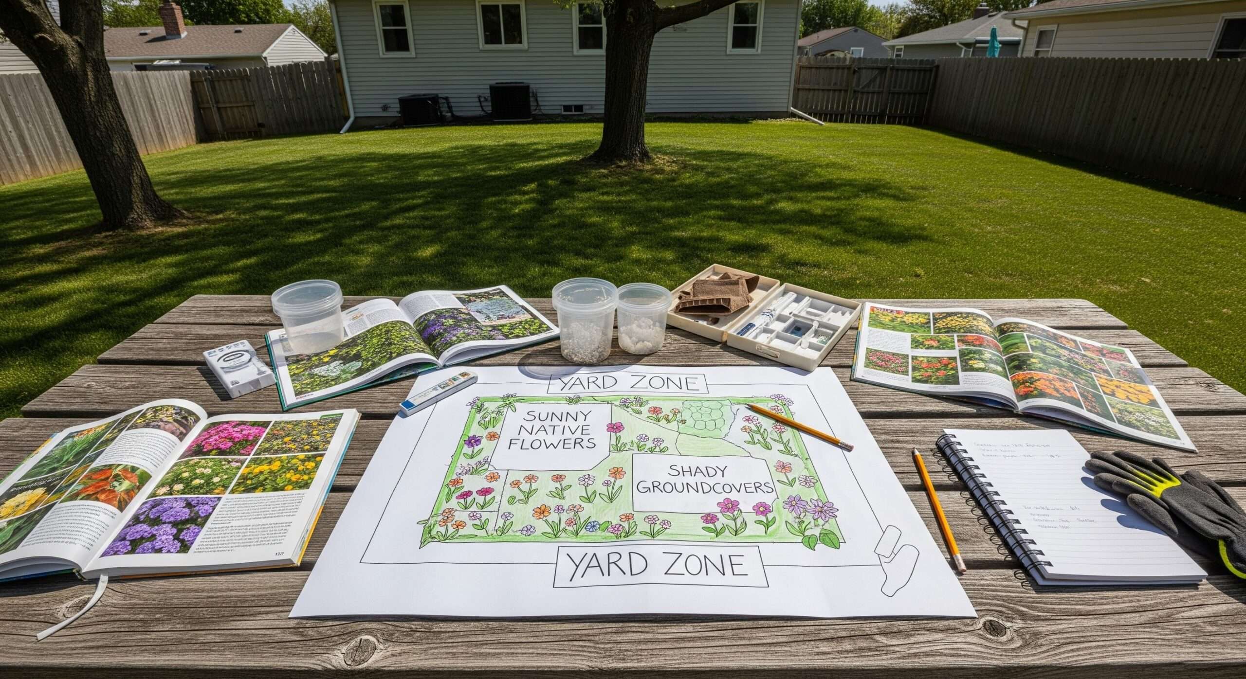 Backyard yard map for turning lawn into garden – planning zones with soil tests and native plant goals