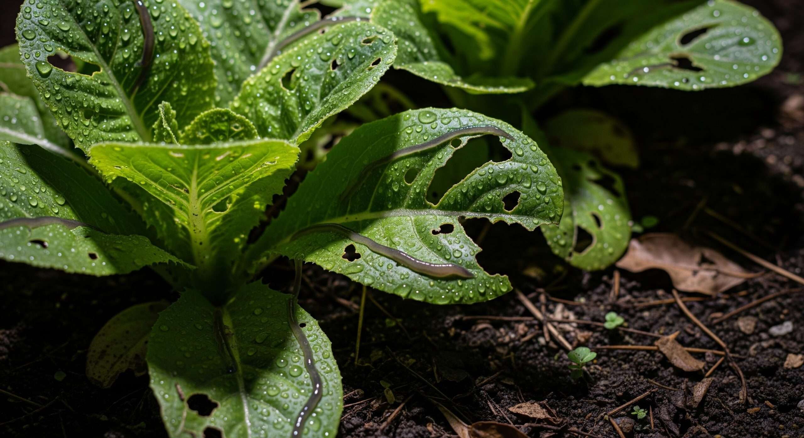 Garden lettuce damaged by slugs with slime trails – common nighttime pest issues in organic gardens