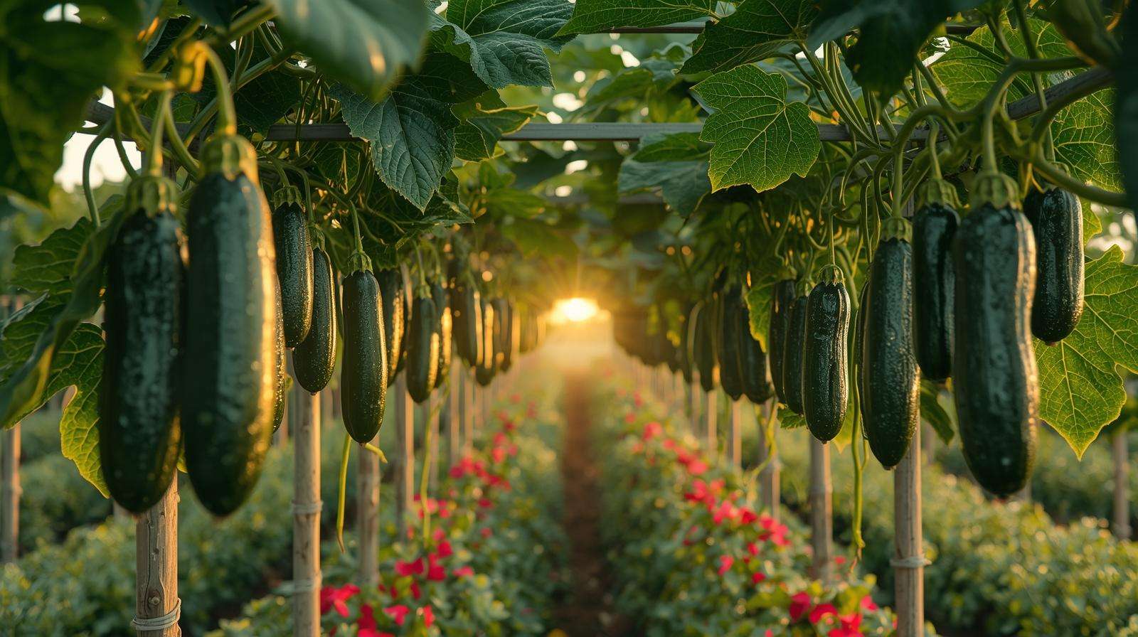 Cucumbers climbing a trellis in a lush garden — training cucumbers to climb for bigger yields and cleaner fruit.