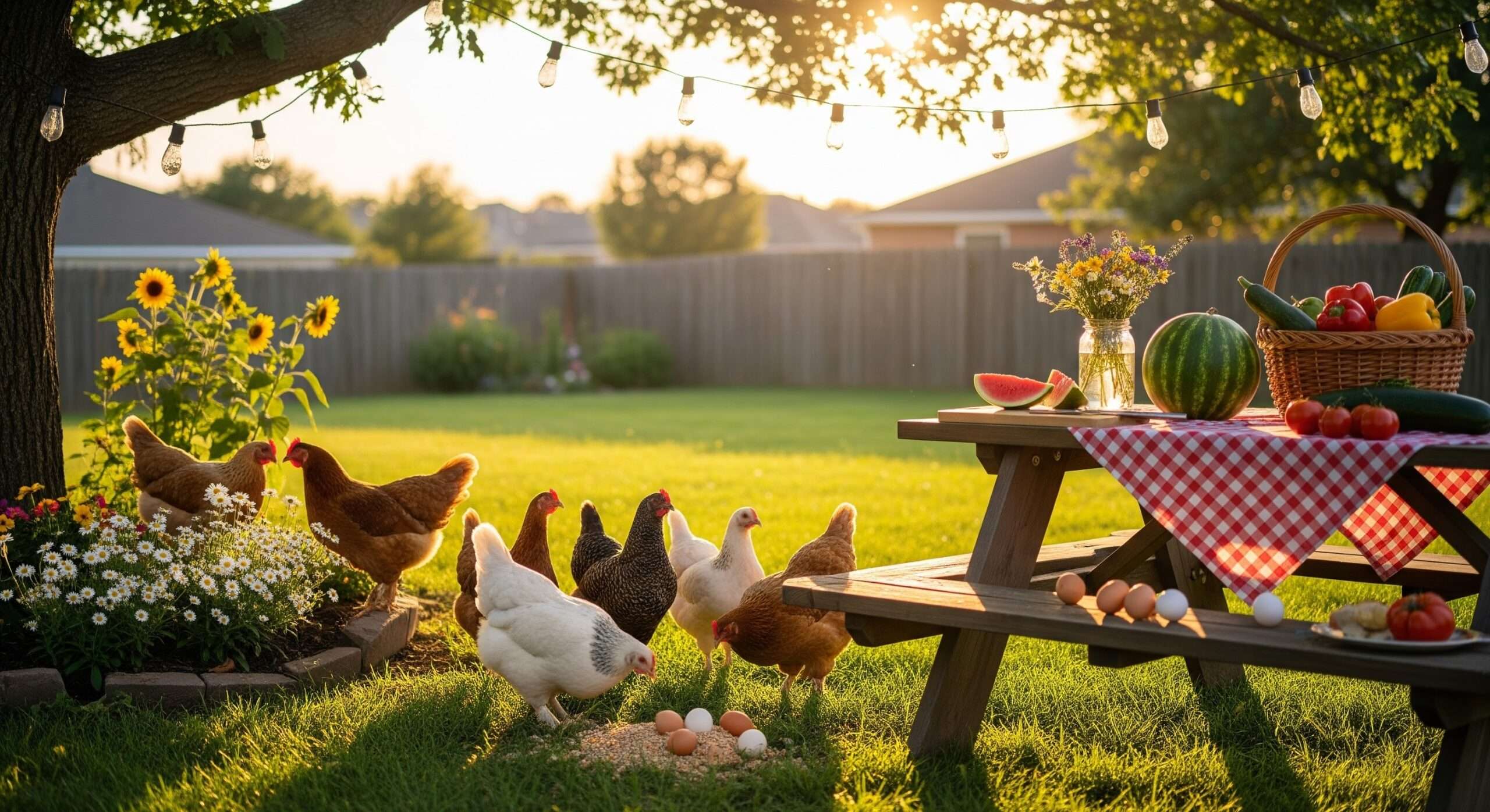Family backyard with gentle chickens foraging – benefits of chickens as pets for kids