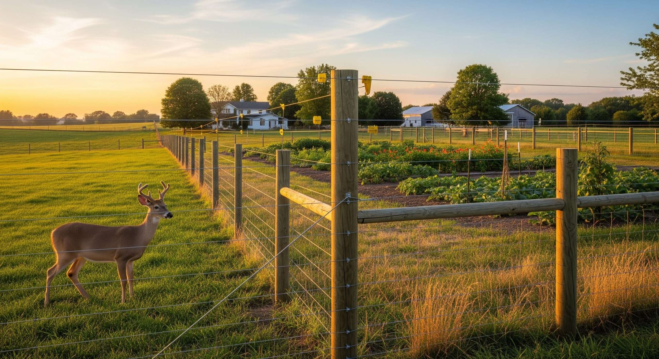 High-tensile perimeter fence for homestead keeping deer out – strong rural boundary design at sunset