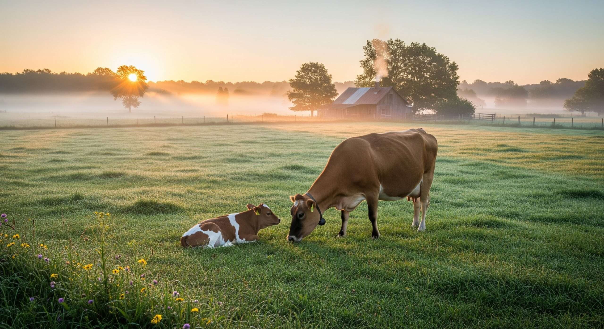 Gentle Jersey family cow with calf in homestead pasture – basics of family cow benefits