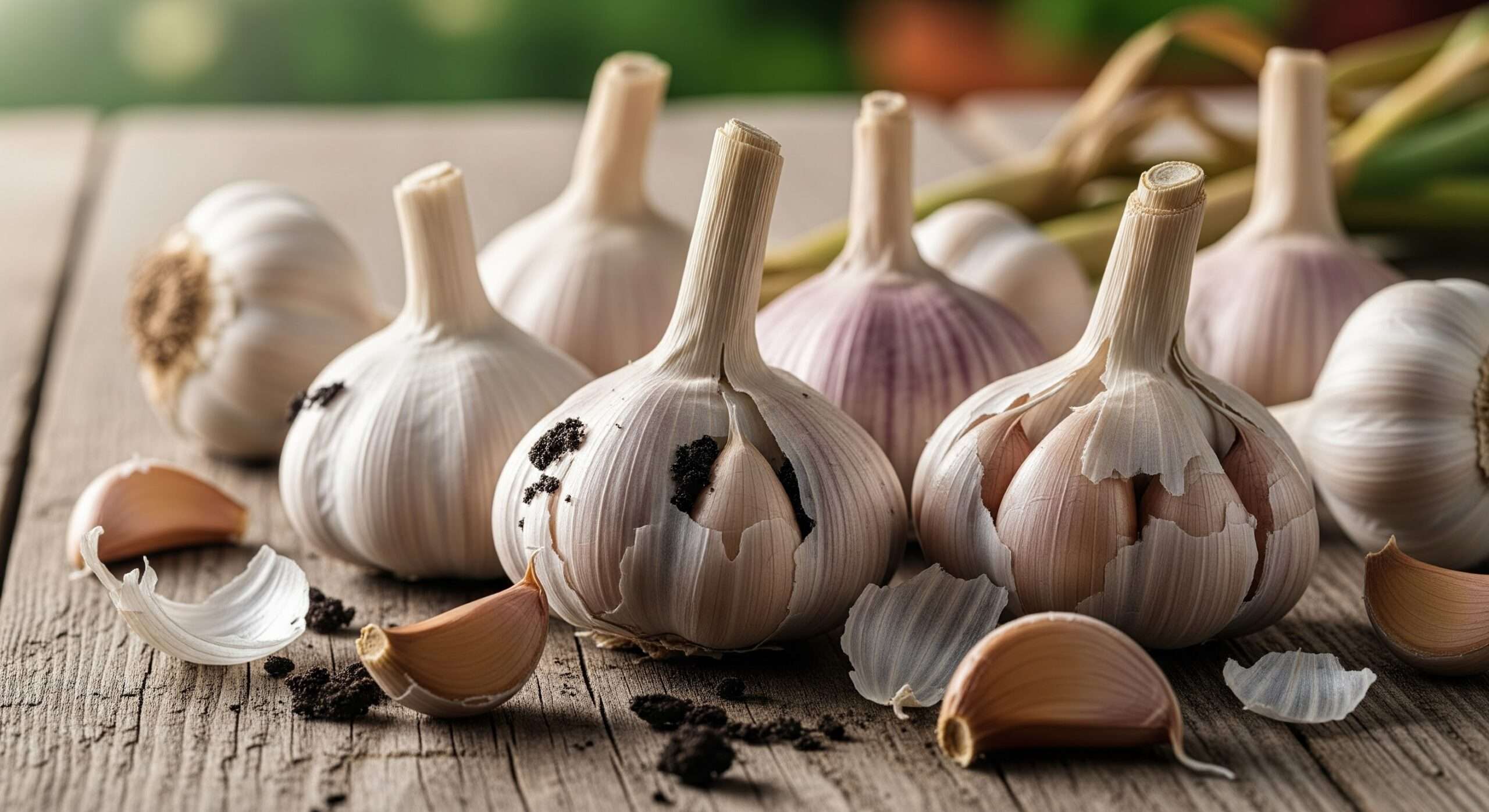 Hardneck and softneck garlic bulbs on table – varieties for planting and harvesting garlic