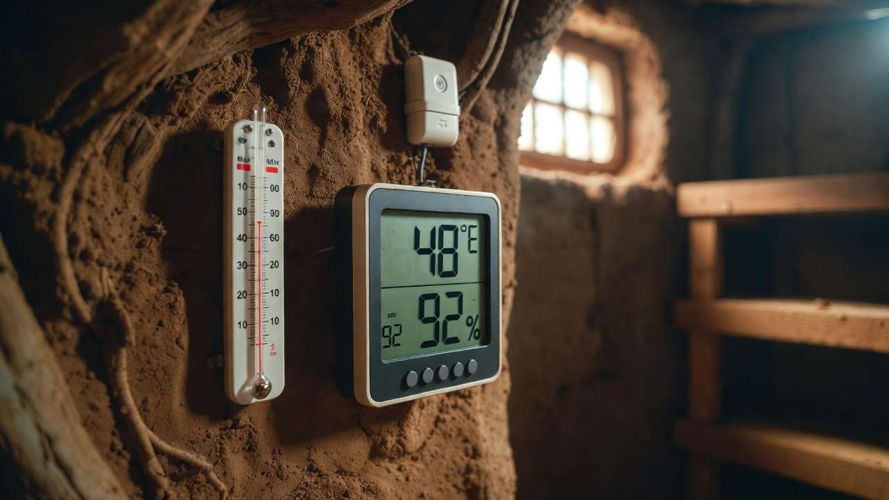 Digital and analog tools monitoring root cellar temperature and humidity – accurate 40–60°F tracking setup