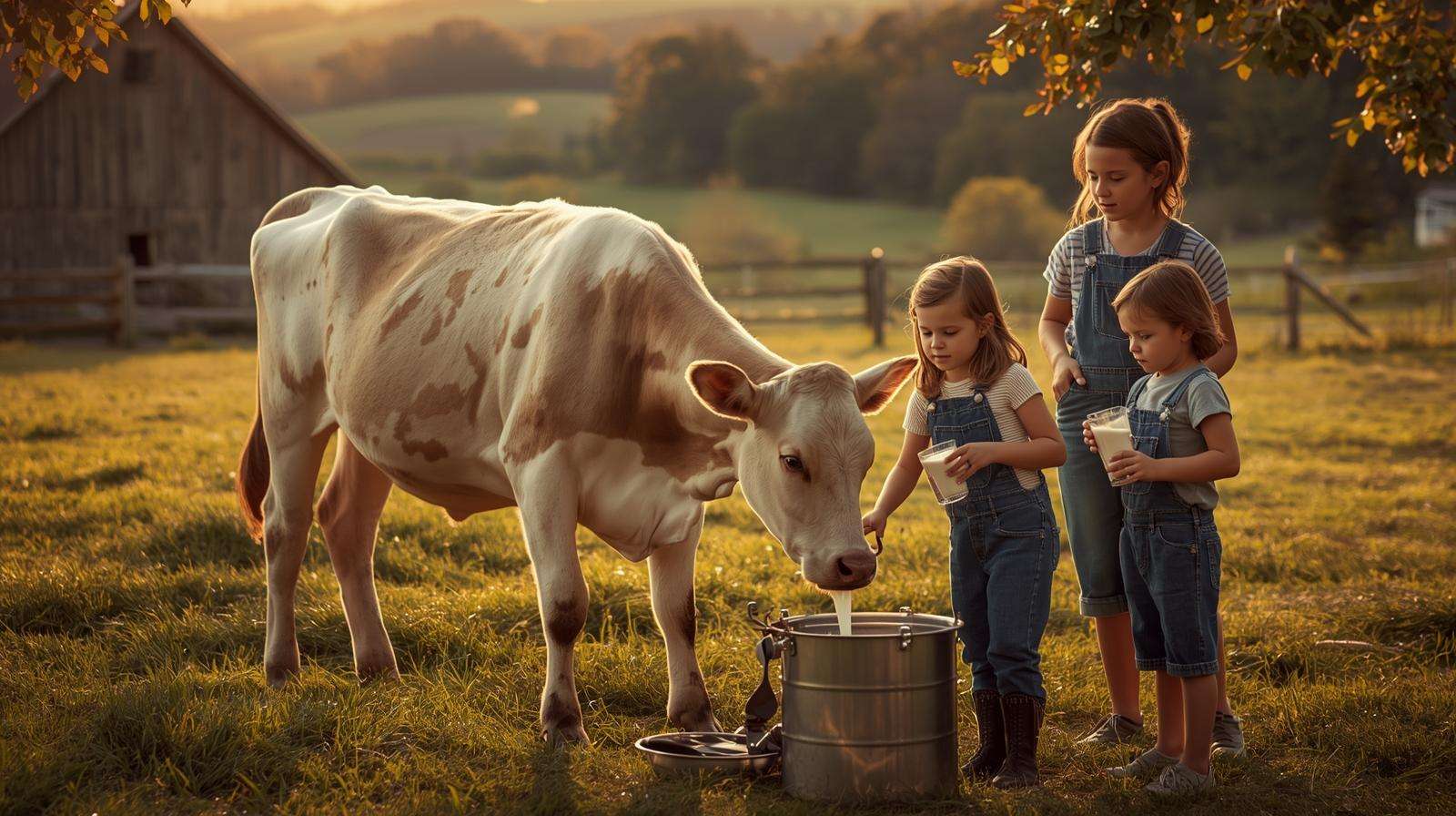 Gentle Jersey family milk cow being hand-milked by children on a homestead — fresh daily milk for the whole family.