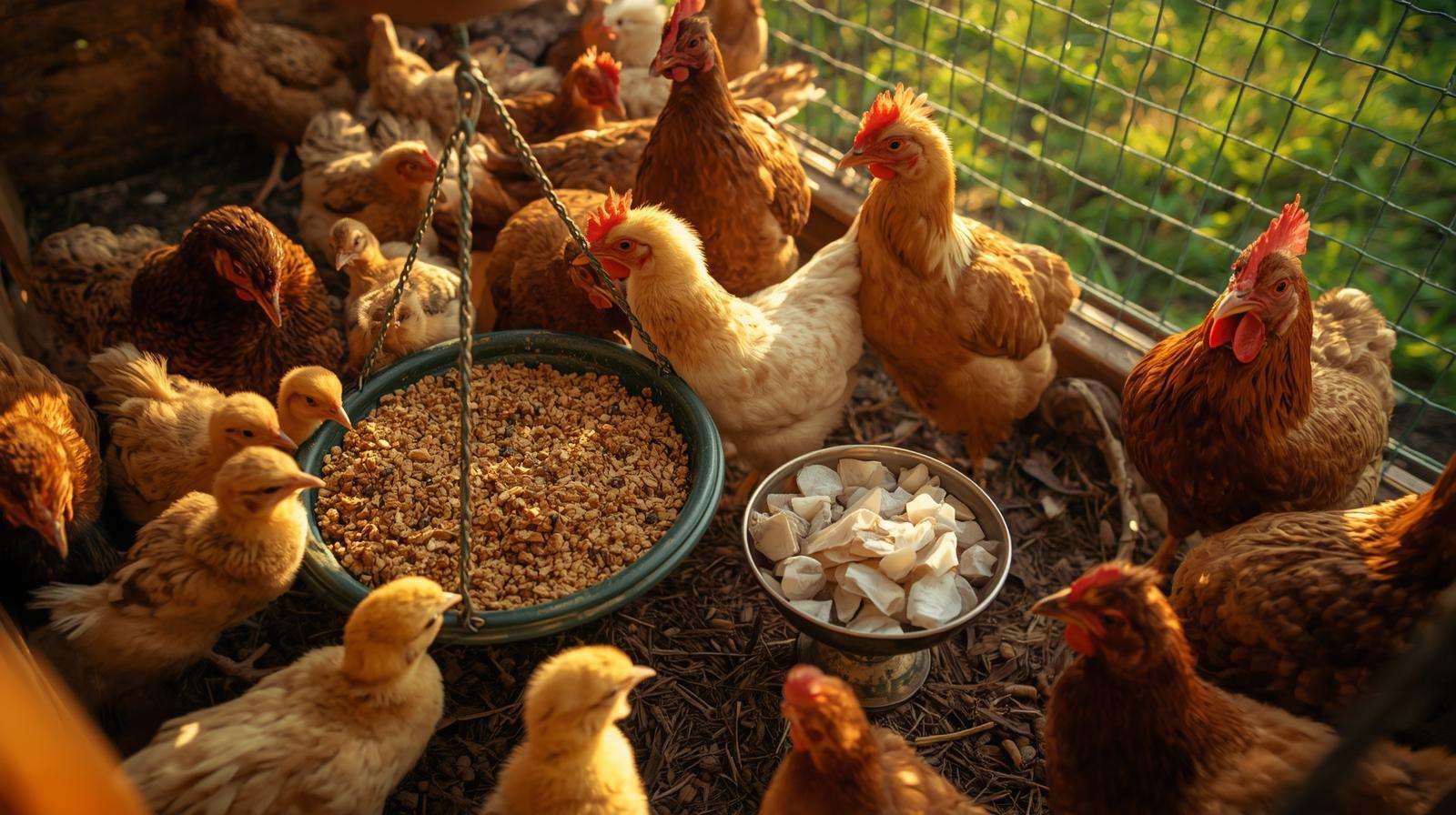 Mixed-age chicken flock eating all-flock feed together — feeding mixed-age chicken flocks simplified with one feeder for every age.