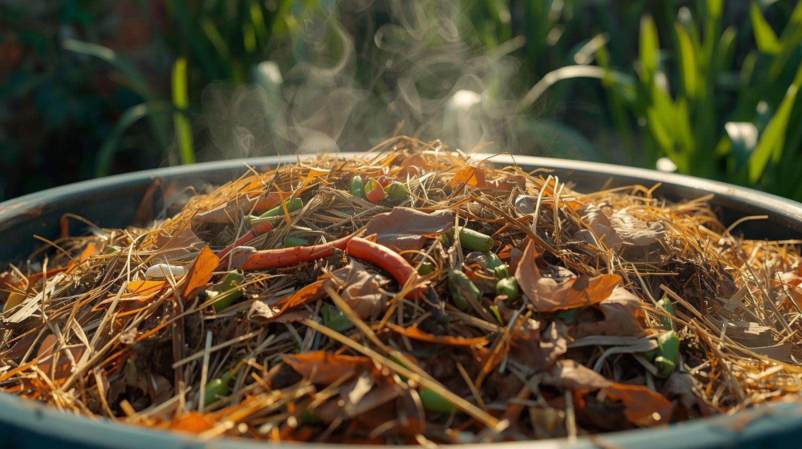 Homemade compost bin with organic materials decomposing in a garden setting for healthier soil.