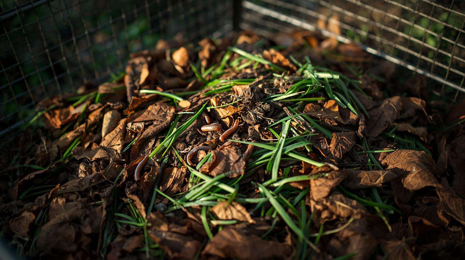 Slow composting pile with organic materials in backyard bin for natural decomposition.