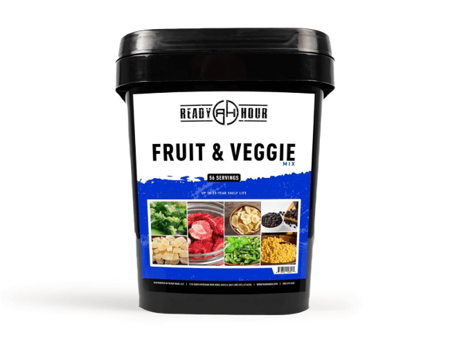 Ready Hour, Fruit & Veggie Mix, Non-Perishable Freeze-Dried Food, 30-Year Shelf Life, Portable Emergency and Adventure Food Supply, Durable Flood Safe Container, 56 Servings
