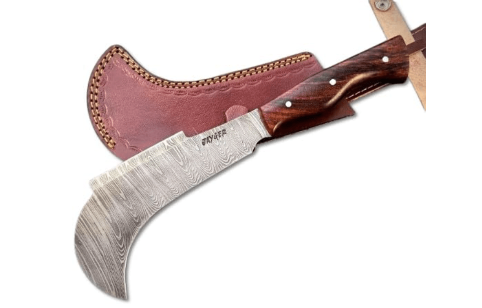 Hand Forged Damascus Steel Billhook Machete Knife – Heavy Duty Sickle Garden Tool for Cutting Trees, Yard Work, Weeding, and Camping – Survival Machete with Leather Sheath and Belt Loop
