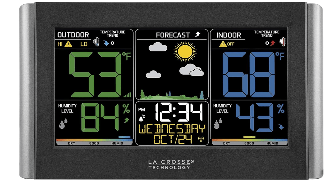 La Crosse Technology Weather Station with Customizable Alerts, Weather Forecast, Temperature, Dew Point, Humidity, Time, Heat Index, Large Display, Adjustable Brightness, Wireless, Black, C85845-INT
