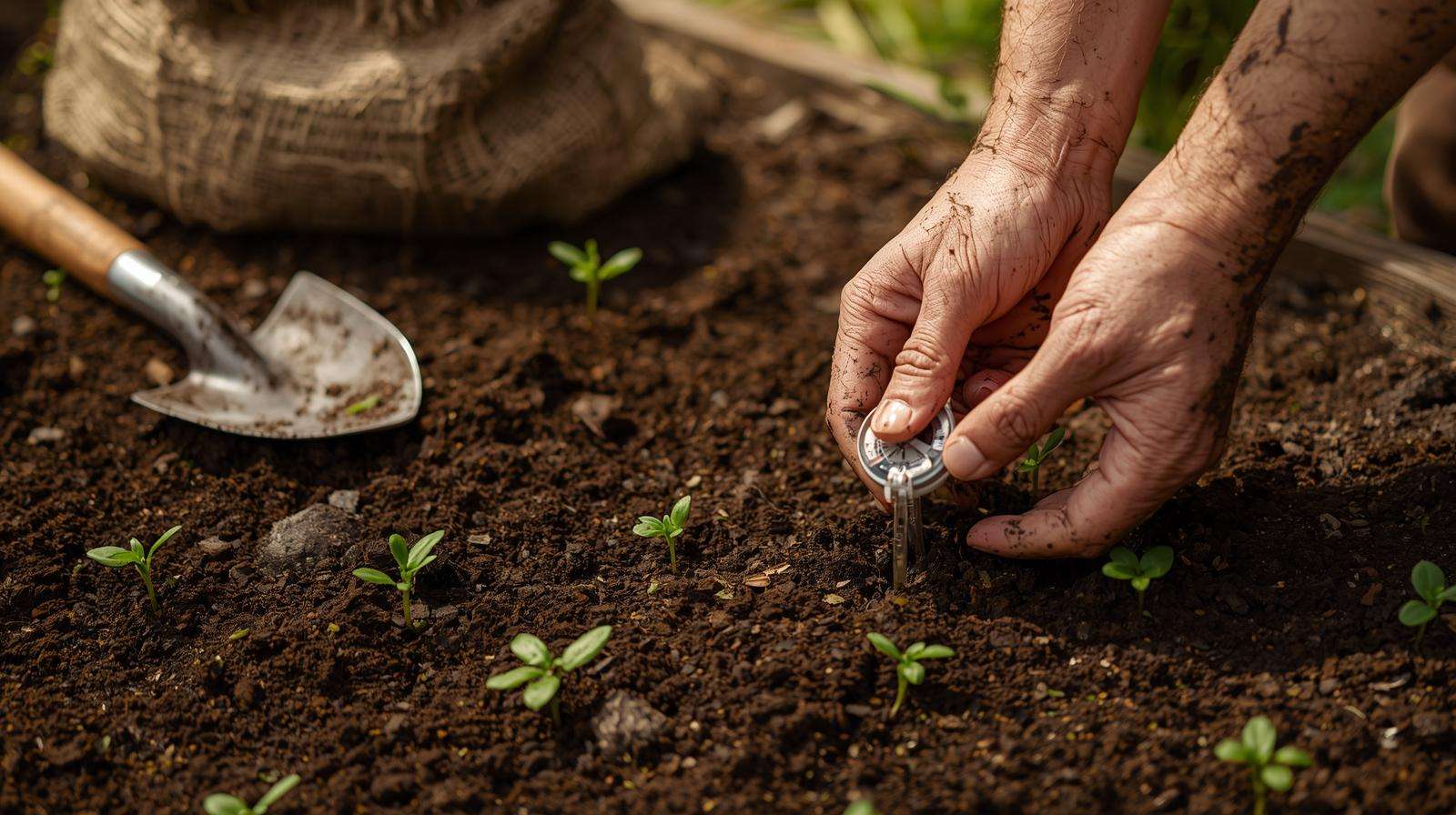 Gardener performing soil test for successful US vegetable garden preparation