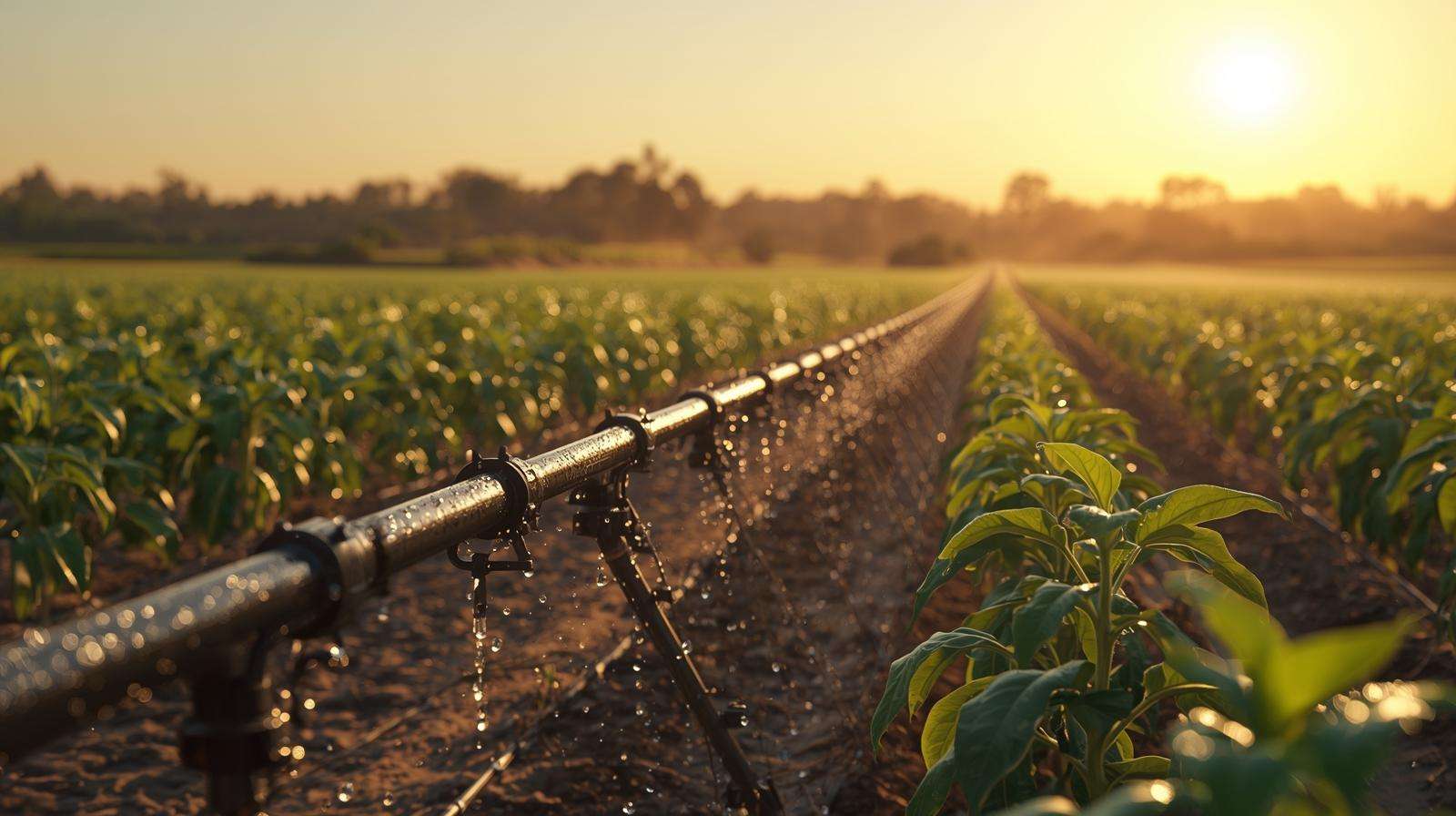 Drip irrigation setup protecting crops from extreme heat in Dead Summer Zone water management.