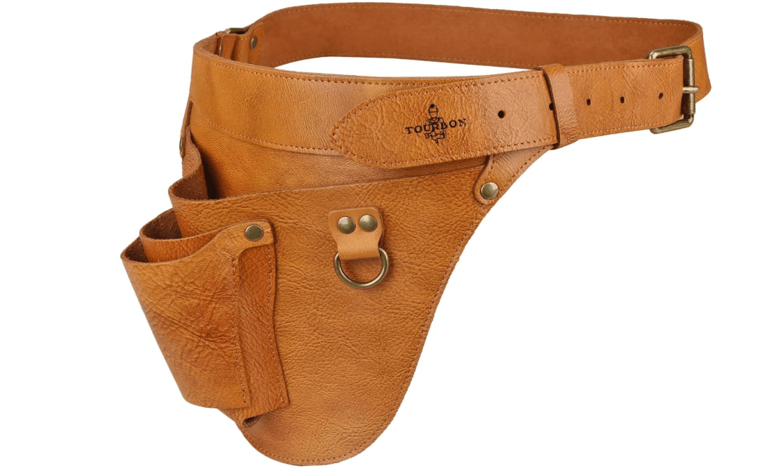 Tourbon Genuine Leather Florist Tool Belt Bag Gardener Farmer Tools Holster Waist Pouch Electrician Carpenter Organizer Kit 3 Pockets (Brownish Yellow, 42 inches)
